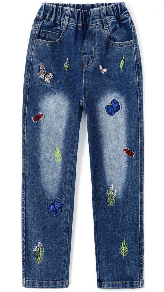 4-15T Girls Jeans, Ribbed Elastic Waist Embroidered Denim Pants