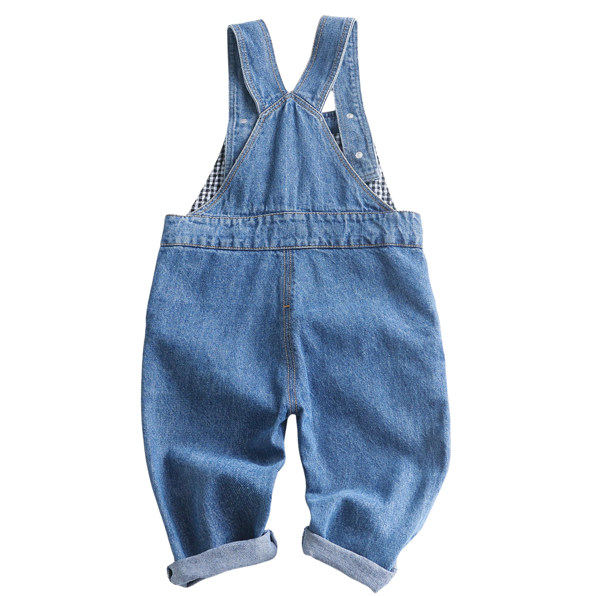 A pair of baby denim overall pants with adjustable shoulder straps, shown flat against a solid white background.