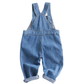 A pair of baby denim overall pants with adjustable shoulder straps, shown flat against a solid white background.