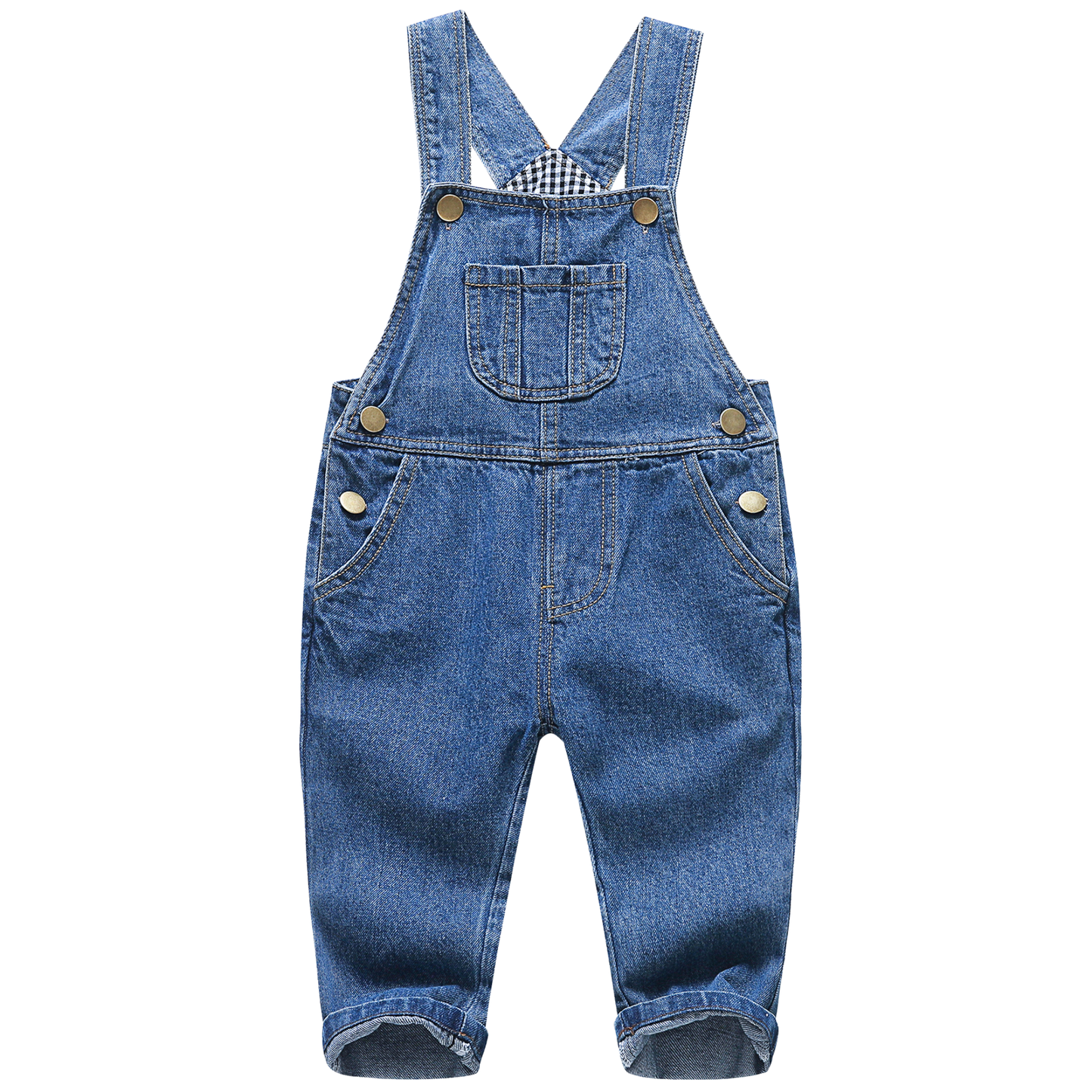 A baby's denim overall romper in medium blue wash, featuring adjustable shoulder straps with a black and white gingham lining, brass snap buttons, and front patch pockets, shown against a plain white background.
