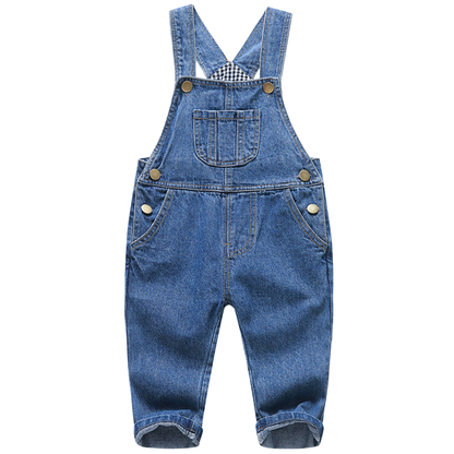 A baby's denim overall romper in medium blue wash, featuring adjustable shoulder straps with a black and white gingham lining, brass snap buttons, and front patch pockets, shown against a plain white background.