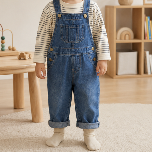 A toddler standing indoors wearing blue denim overall-style pants over a cream and navy striped long-sleeve shirt, with cream socks. The room has a light wood floor, a small wooden table, and a wooden shelf in the background.