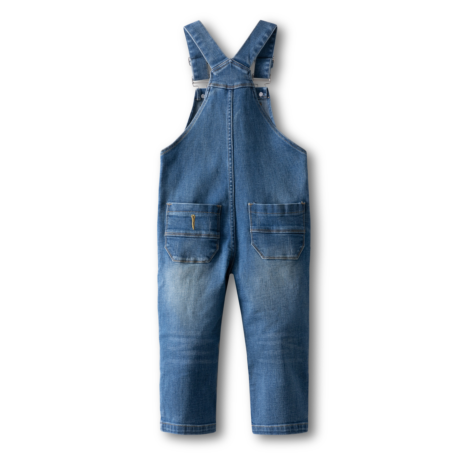 A pair of blue denim overall-style baby jumpsuit with adjustable shoulder straps, button closures, and two large patch pockets on the back, shown against a plain white background.
