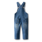 A pair of blue denim overall-style baby jumpsuit with adjustable shoulder straps, button closures, and two large patch pockets on the back, shown against a plain white background.