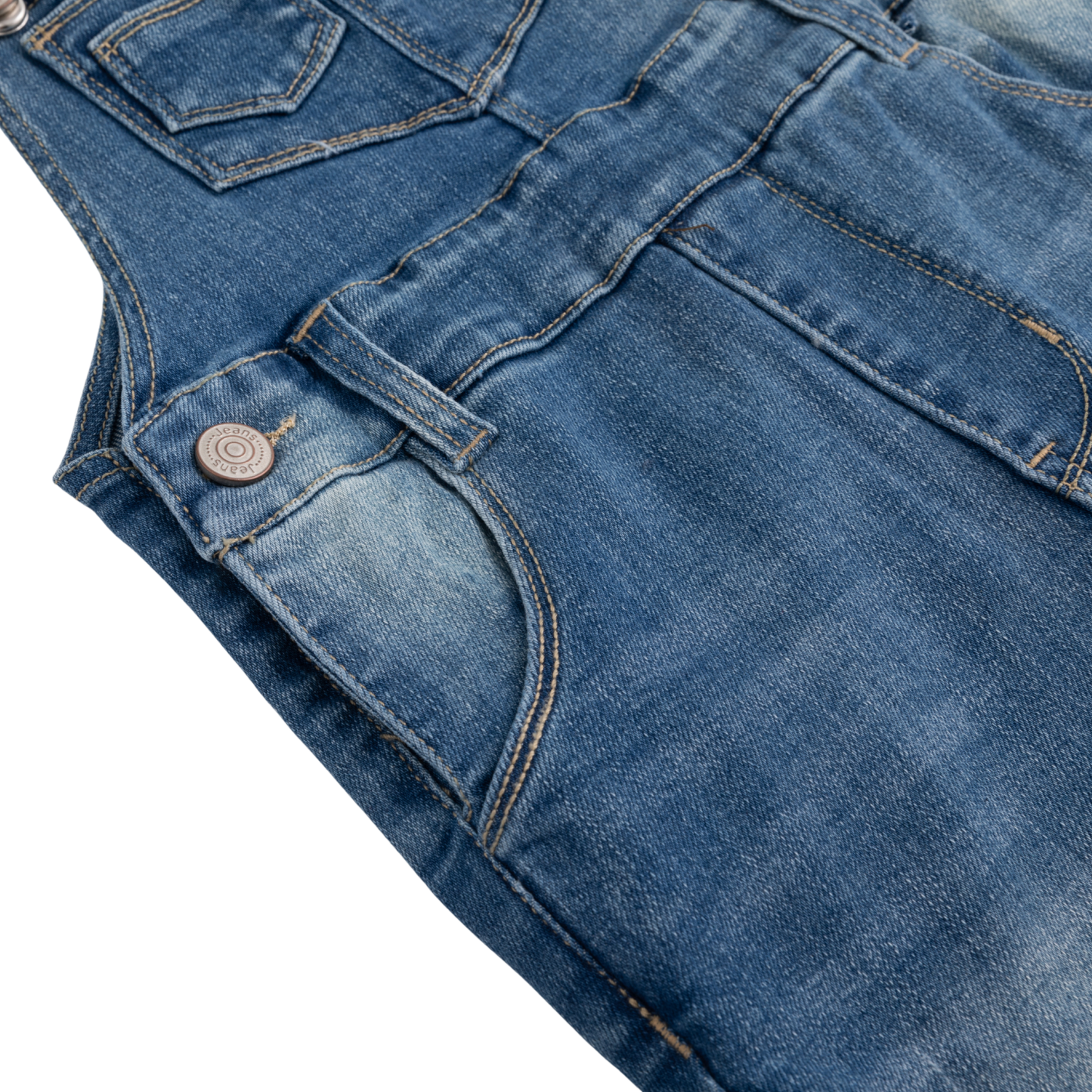 Close-up detail of a pair of medium-wash blue denim jeans showing the pocket construction, stitching, and a metal button closure on a white background.
