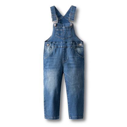 A pair of children's blue denim overall-style bib pants with adjustable shoulder straps, front pockets, and button details, shown flat against a white background.
