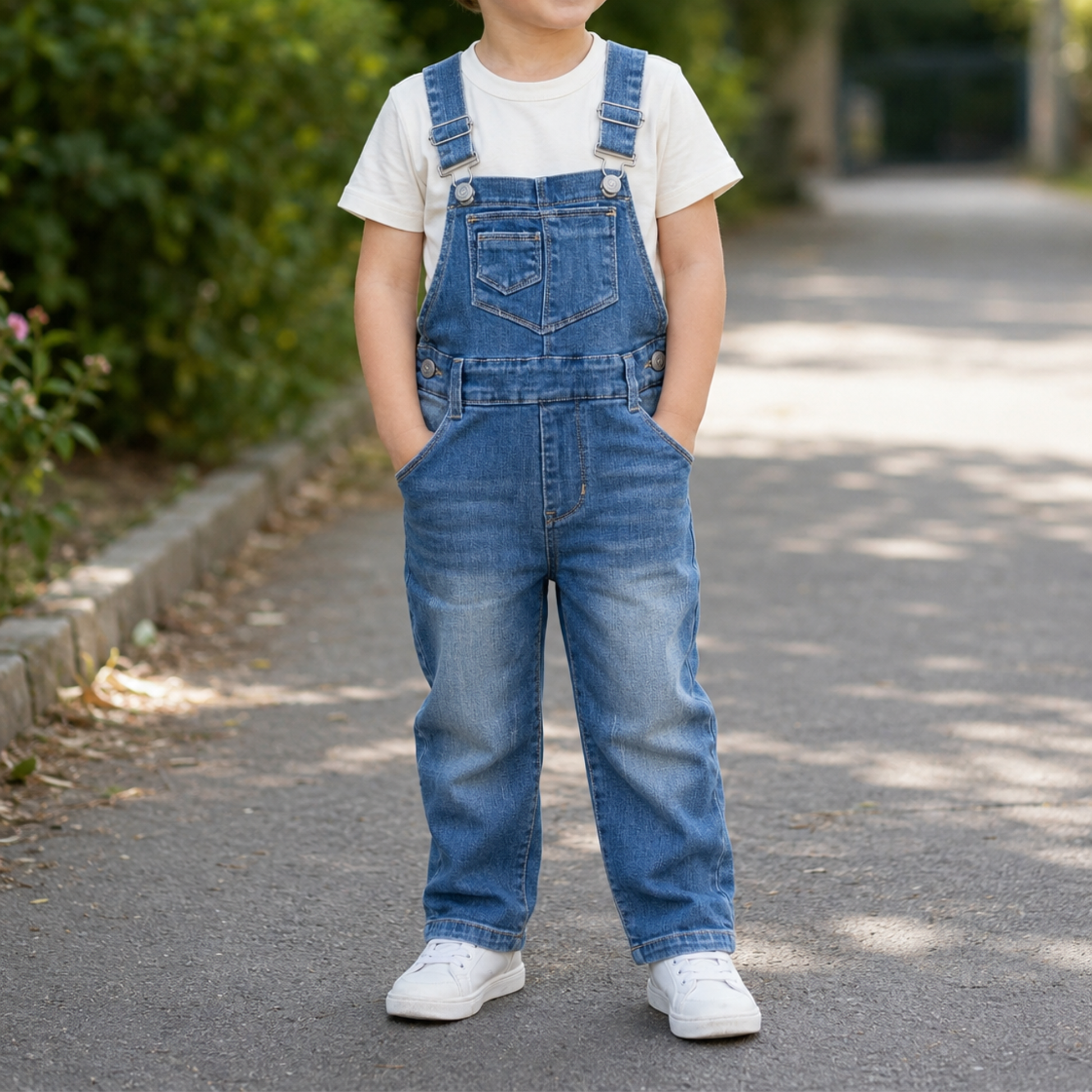 A child standing on a paved path outdoors, wearing blue denim overall with a white t-shirt and white sneakers.