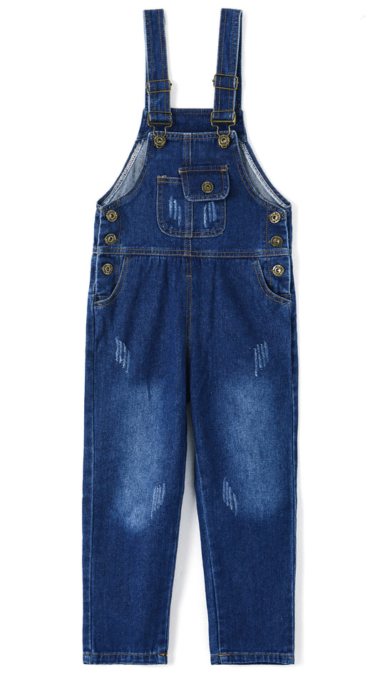 Mettal Buttons Kids Ripped Denim Overalls