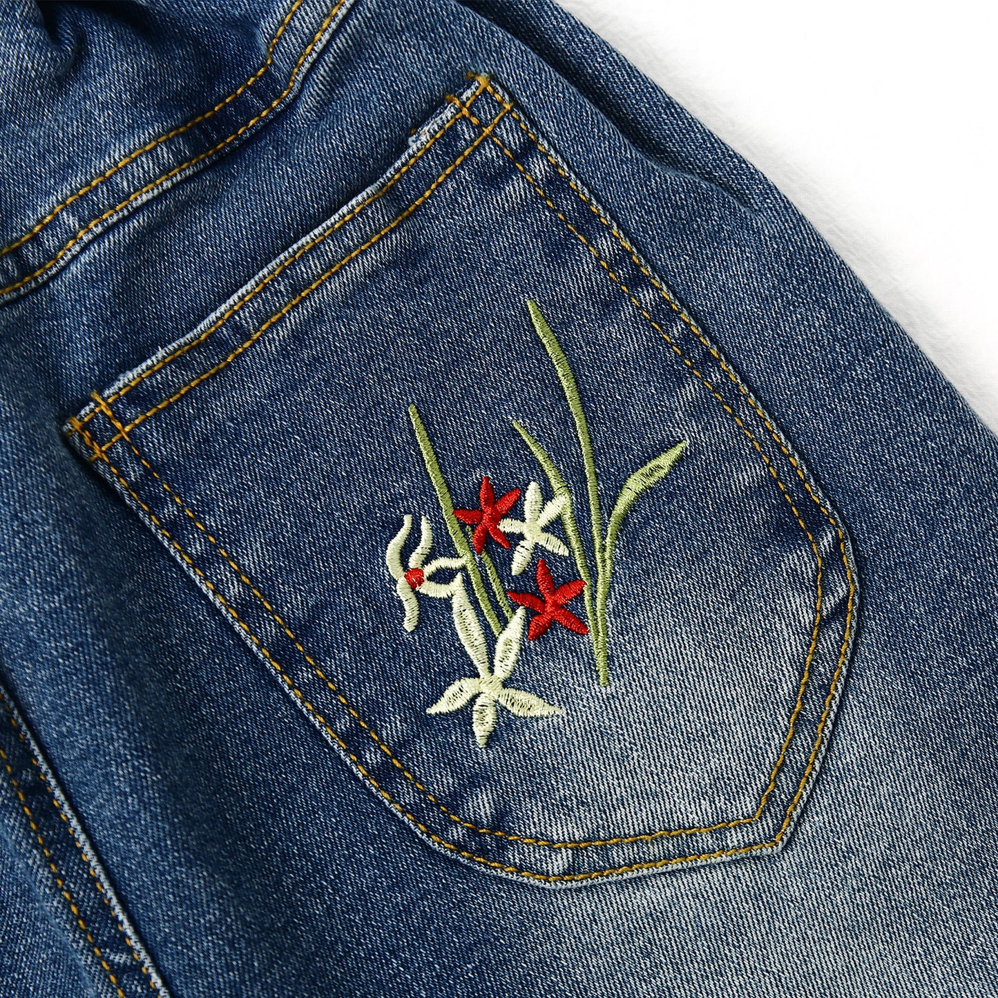 4-12T Girls Jeans, Ribbed Elastic Waist Embroidered Denim Pants
