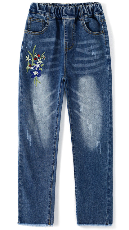 4-12T Girls Jeans, Ribbed Elastic Waist Embroidered Denim Pants