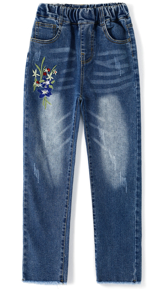 4-12T Girls Jeans, Ribbed Elastic Waist Embroidered Denim Pants