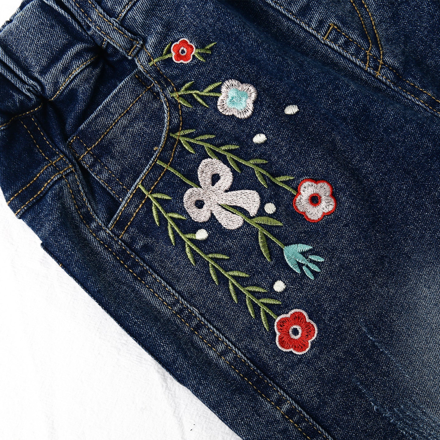 5-12T Girls Jeans, Ribbed Elastic Waist Embroidered Denim Pants
