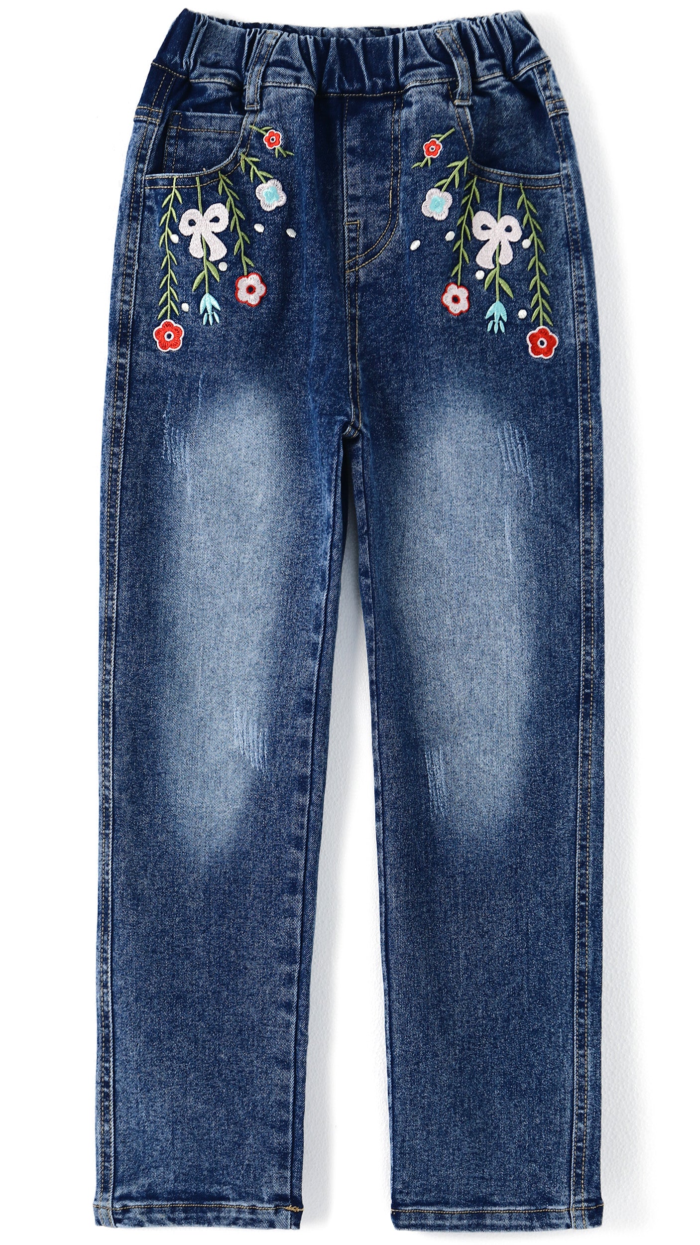 5-12T Girls Jeans, Ribbed Elastic Waist Embroidered Denim Pants