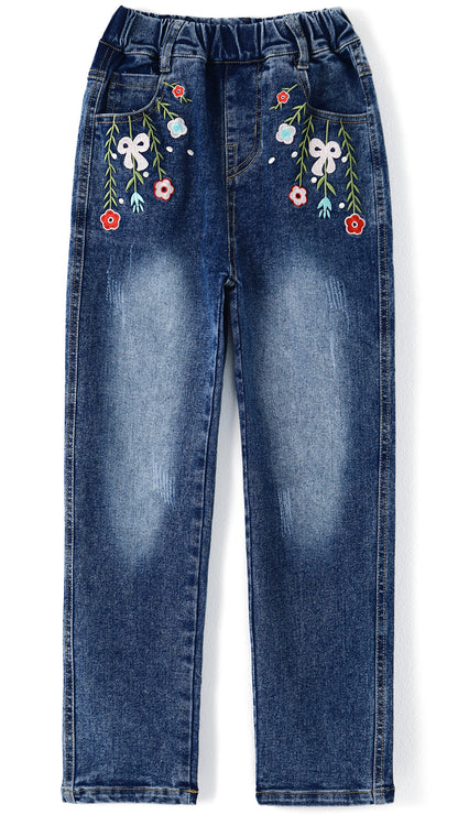 5-12T Girls Jeans, Ribbed Elastic Waist Embroidered Denim Pants