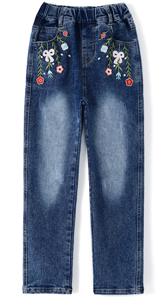 5-12T Girls Jeans, Ribbed Elastic Waist Embroidered Denim Pants