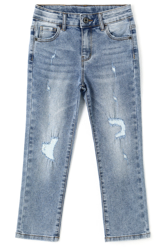 Girls Slim-fit Jeans, Ripped Holes Straight Denim Pants