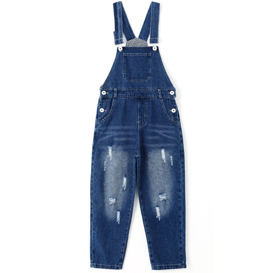 Kid Boy Girl Small Bib Pocket Adjustable Straps Ripped Jean Novel Overalls