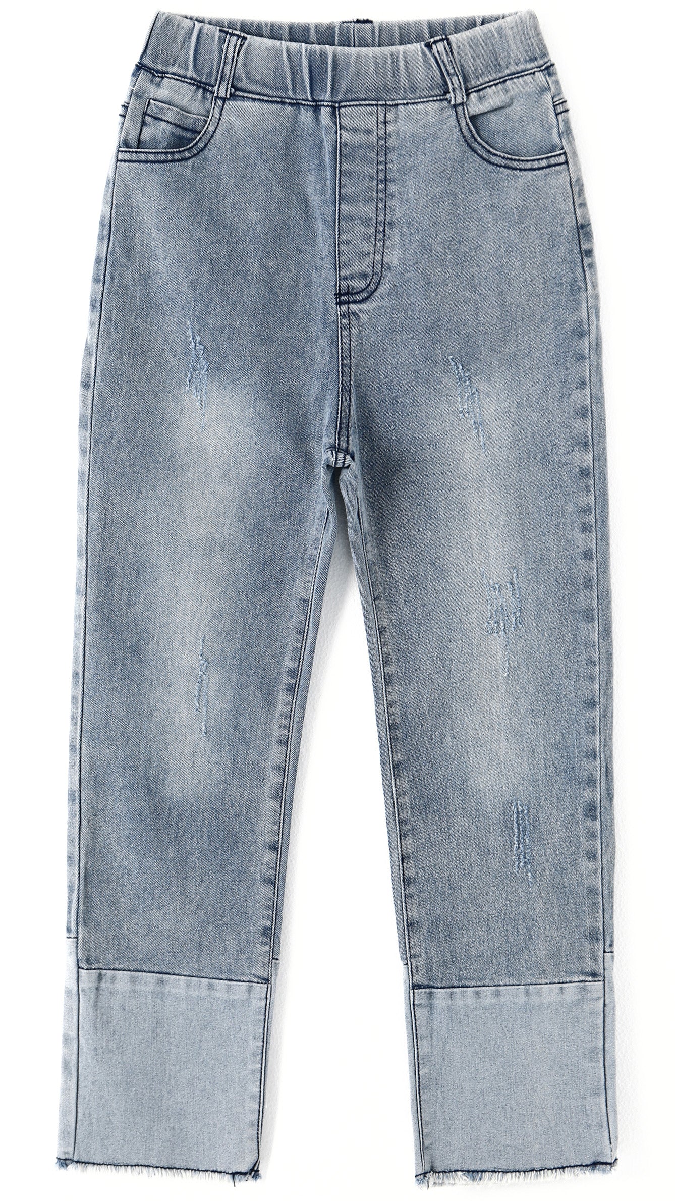 Girl Jeans,Elastic Elastic Waist Patchwok Raw Edge Denim Pants