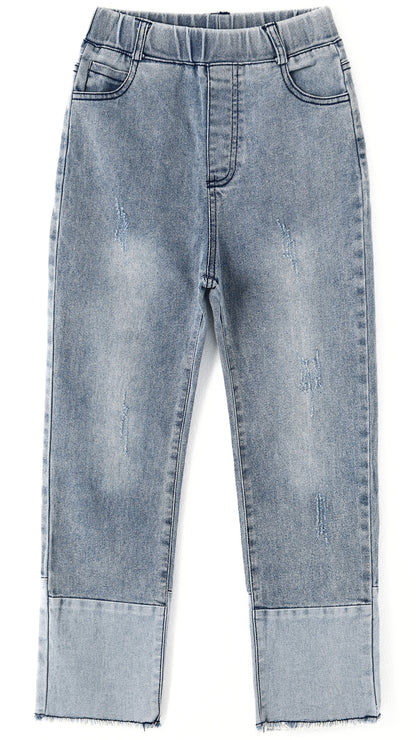 Girl Jeans,Elastic Elastic Waist Patchwok Raw Edge Denim Pants