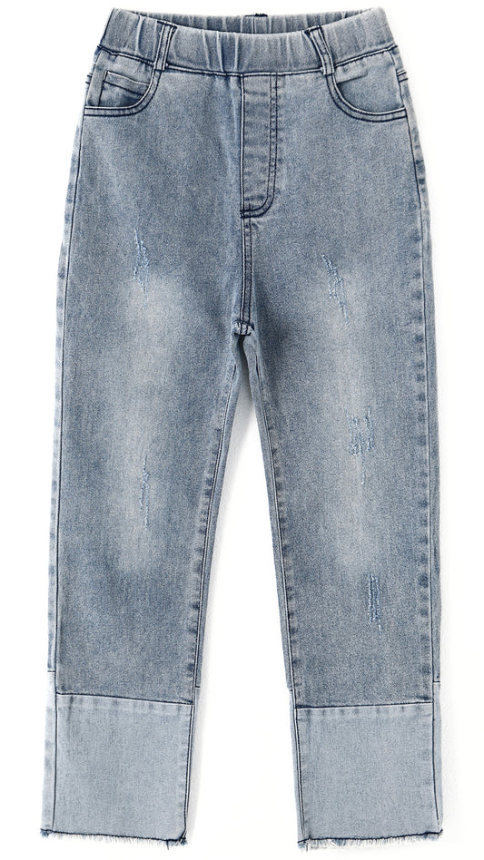 Girl Jeans,Elastic Elastic Waist Patchwok Raw Edge Denim Pants
