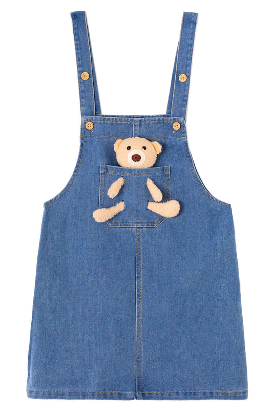 Girls Denim Overalls Dress,Cute Bear Simple Design Summer Colored Jumpsuit Dress and Set