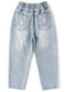 Girl Jeans,Elastic Elastic Waist Patchwok Raw Edge Denim Pants
