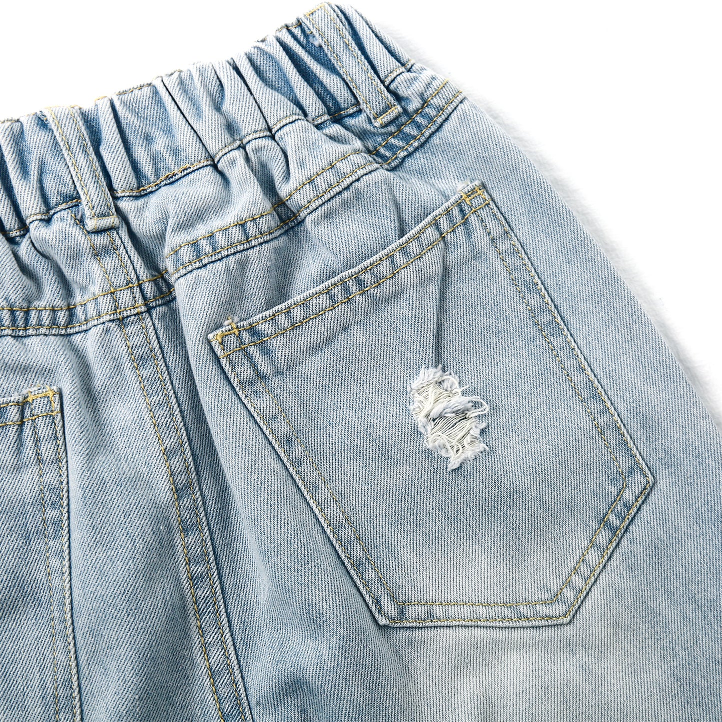 Girl Jeans,Elastic Elastic Waist Patchwok Raw Edge Denim Pants