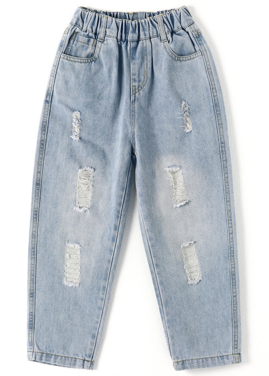Girl Jeans,Elastic Elastic Waist Patchwok Raw Edge Denim Pants