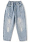 Girl Jeans,Elastic Elastic Waist Patchwok Raw Edge Denim Pants