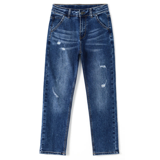 Boy Little Kid Ripped Elastic Band Inside Slim Fit Denim Jeans Pants