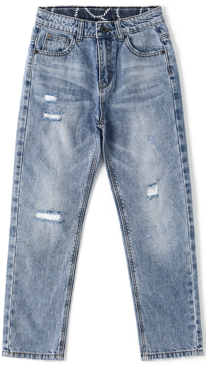 Girl Little Kid Ripped Elastic Band Inside Straight Fit Denim Jeans