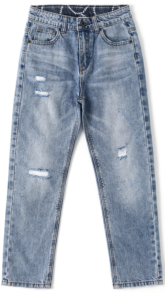 Girl Little Kid Ripped Elastic Band Inside Straight Fit Denim Jeans