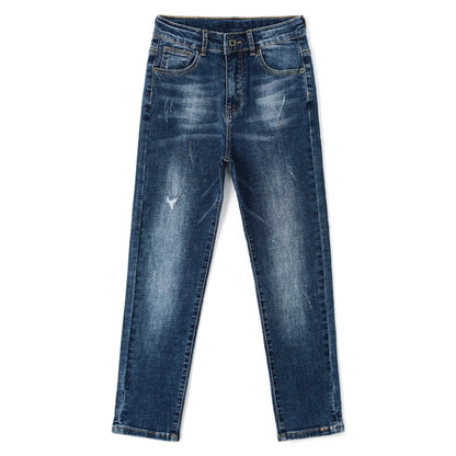 Ripped Elastic Band Inside Slim Fit Denim Jeans Pants