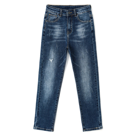 Ripped Elastic Band Inside Slim Fit Denim Jeans Pants