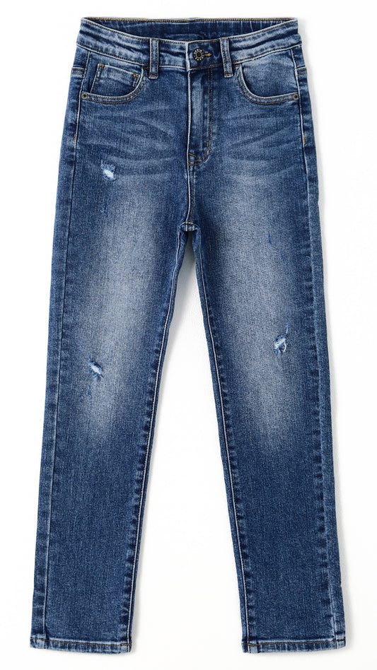 Girl Little Kid Ripped Elastic Band Inside Straight Slim Fit Denim Jeans Pants