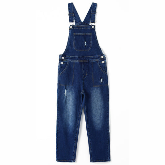 Boys Denim Overalls Ripped Holes Elastic Band Inside Jeans Workwear