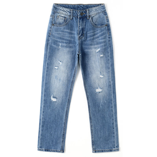 Girls Jeans,Kids Elastic Band Inside Ripped Denim Pants