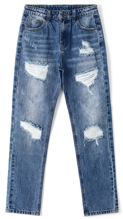 6-14T Girls Jeans,Elastic Band Inside Ripped Holes Denim Pants