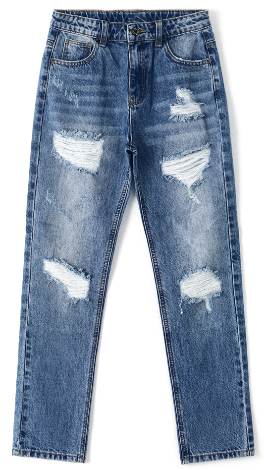 6-14T Girls Jeans,Elastic Band Inside Ripped Holes Denim Pants