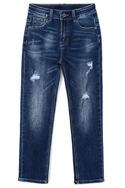 Boy Jeans Little Kid Elastic Band Inside Ripped Slim Fit Denim Pants