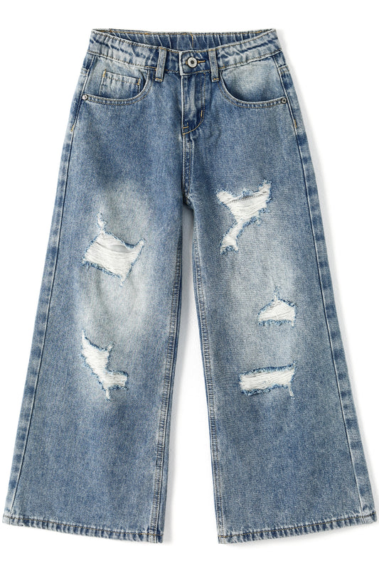 Girls Flare Little Big Distressed Holes Wide Leg Summer Jeans Pants