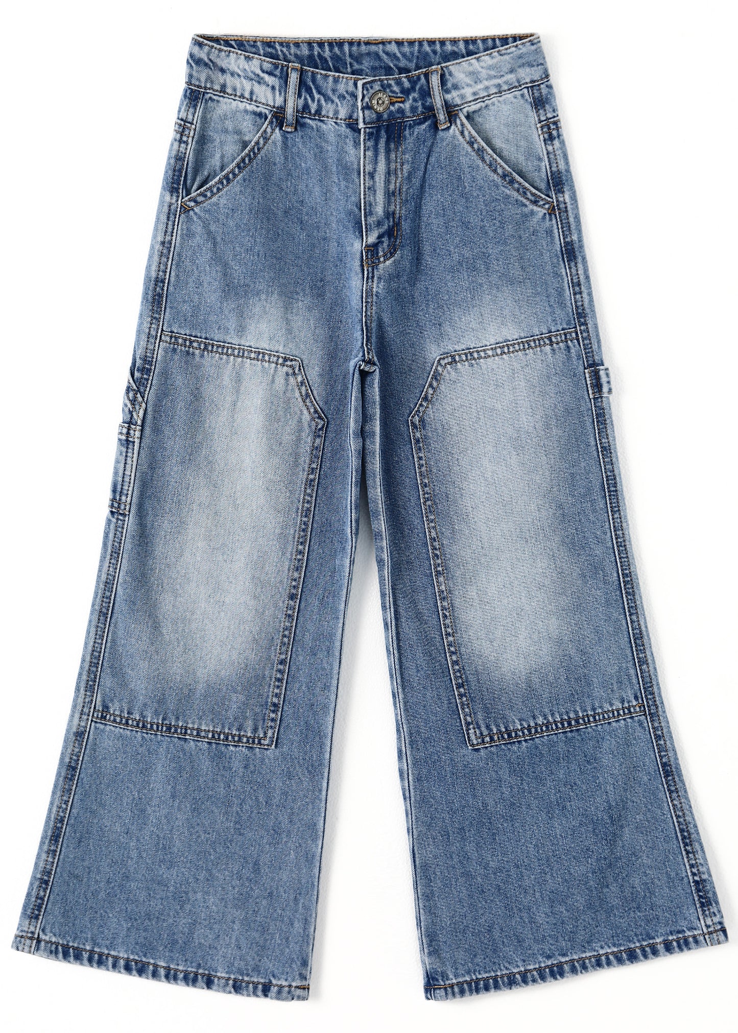Girls' Wide-Leg Jeans, Elastic Band Inside Big Patchwork Flared Denim Pants