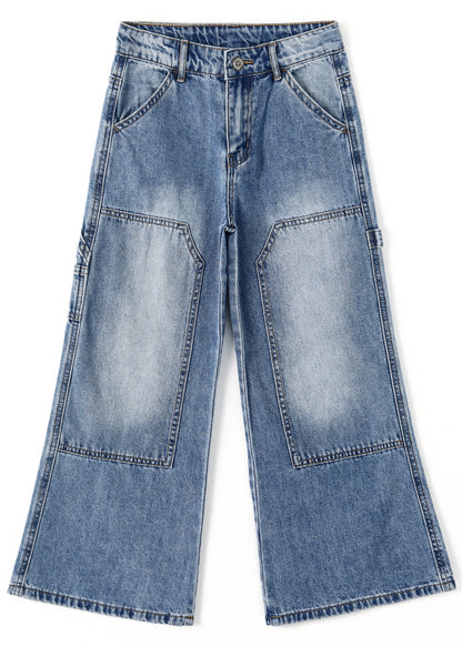 Girls' Wide-Leg Jeans, Elastic Band Inside Big Patchwork Flared Denim Pants