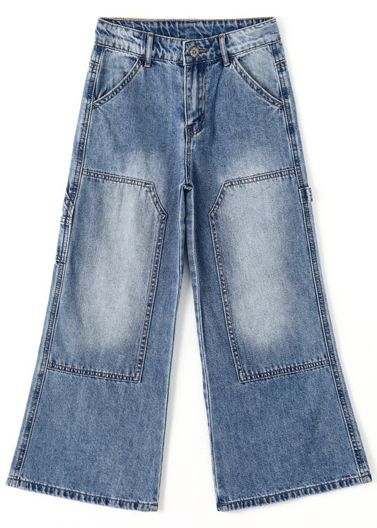 Girls' Wide-Leg Jeans, Elastic Band Inside Big Patchwork Flared Denim Pants