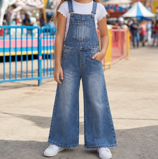 Girls Denim Overalls,Little Big Kids Wide Leg Elastic Inside Jean Dungarees Flared Pants