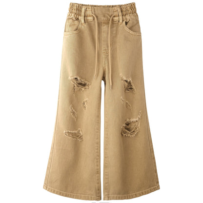 Girls Wide-leg Colored Denim Jeans, 5-14T Loose Elastic Waist with String Ripped Flared Pants
