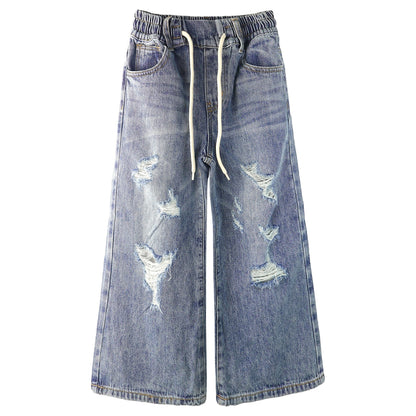Girls Wide-leg Colored Denim Jeans, 5-14T Loose Elastic Waist with String Ripped Flared Pants