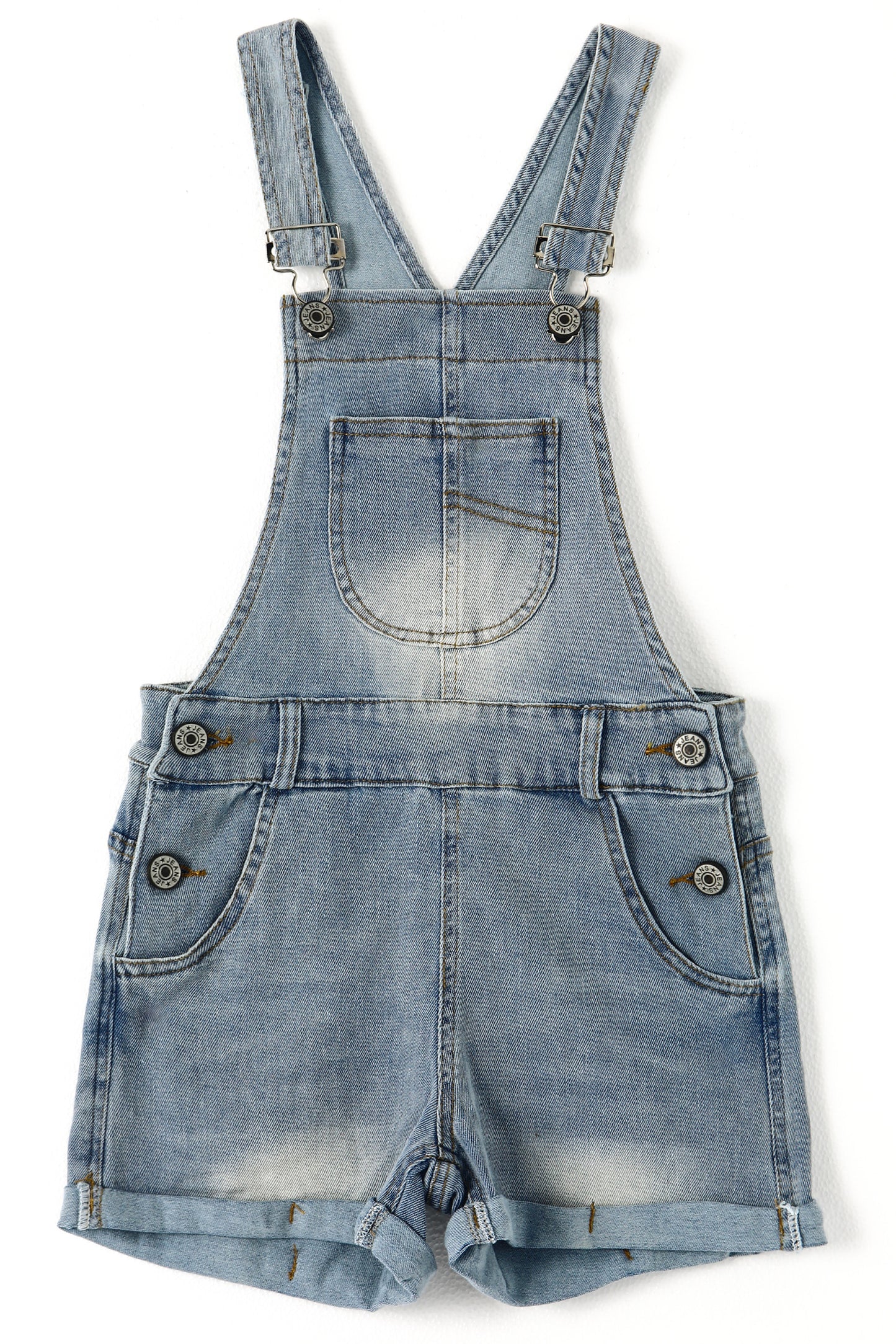 Little Girls Denim Shortalls, Stone Washed Soft Jeans Summer Shortalls