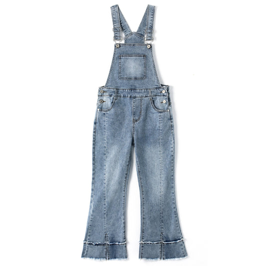 Girls Denim Overalls,2 Layers Raw Edge Hem Squared Pockets Jean Dungarees Pants
