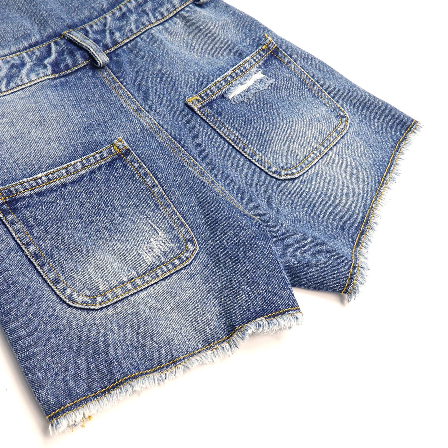 6-14T Girls Denim Shotalls, Damaged Fashion Raw Edge Hem Jeans Summer Shorts